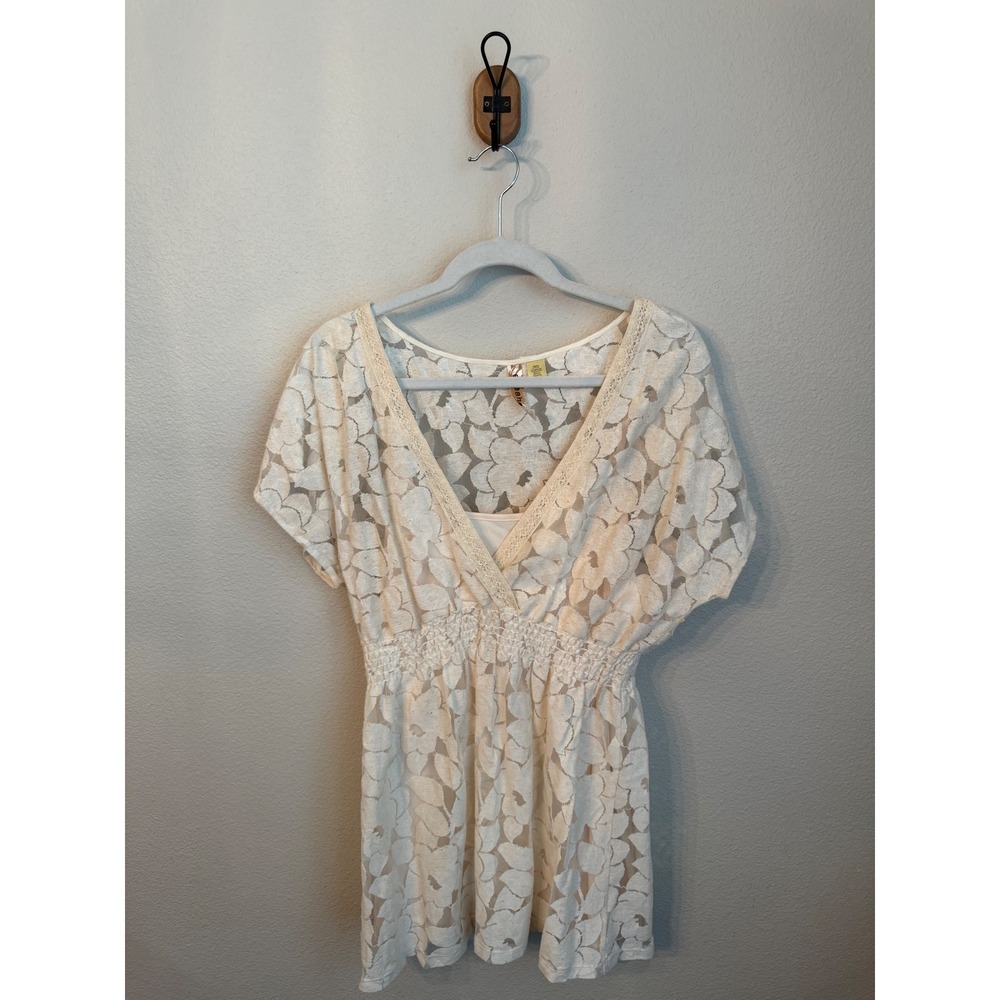 Eyeshadow Lace Top Womens 1X Ivory Excellent Smocked Waist Boho Surplice B8700HX